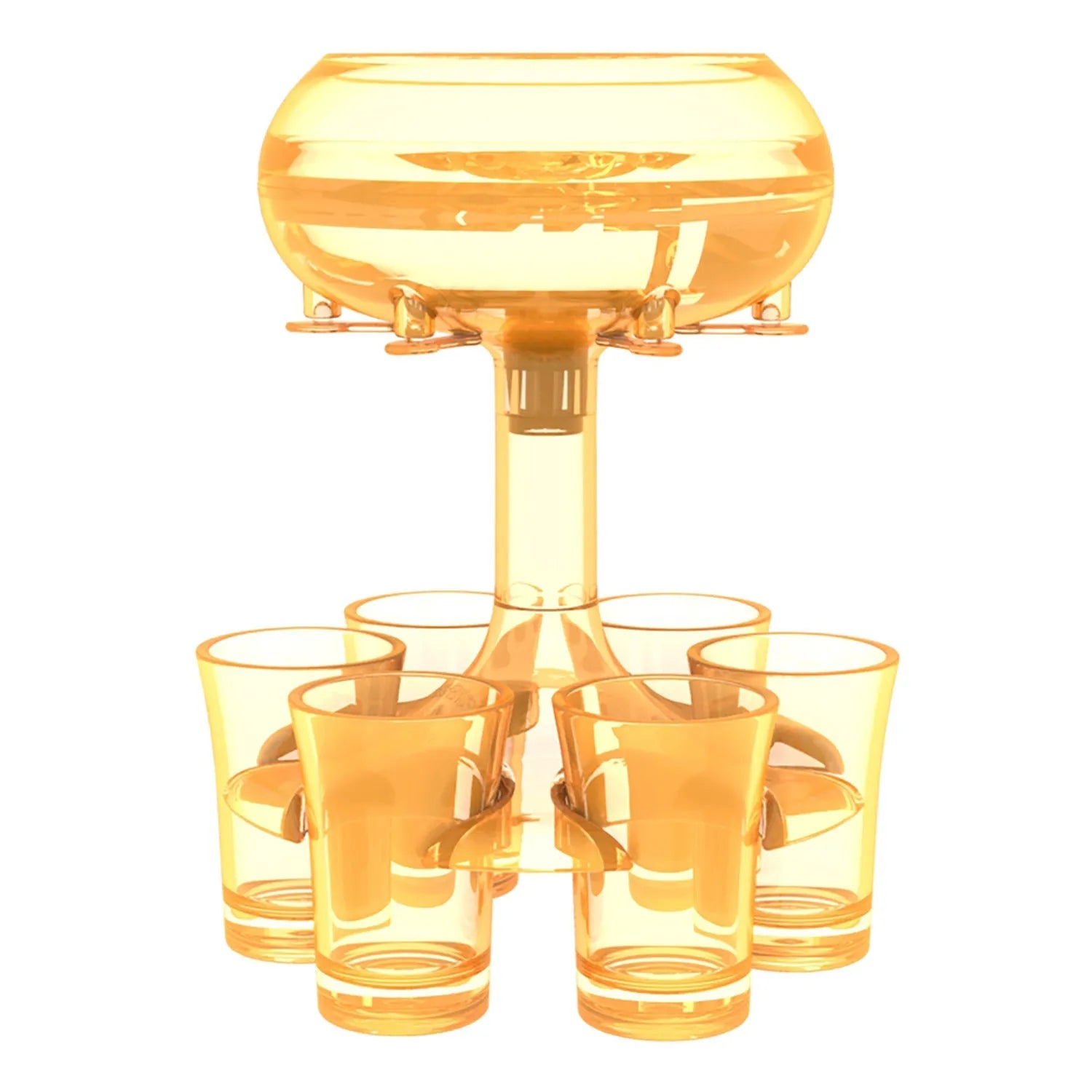 Transparent Plexiglass 6-shot glass dispenser rack holding six cups on a stand.
