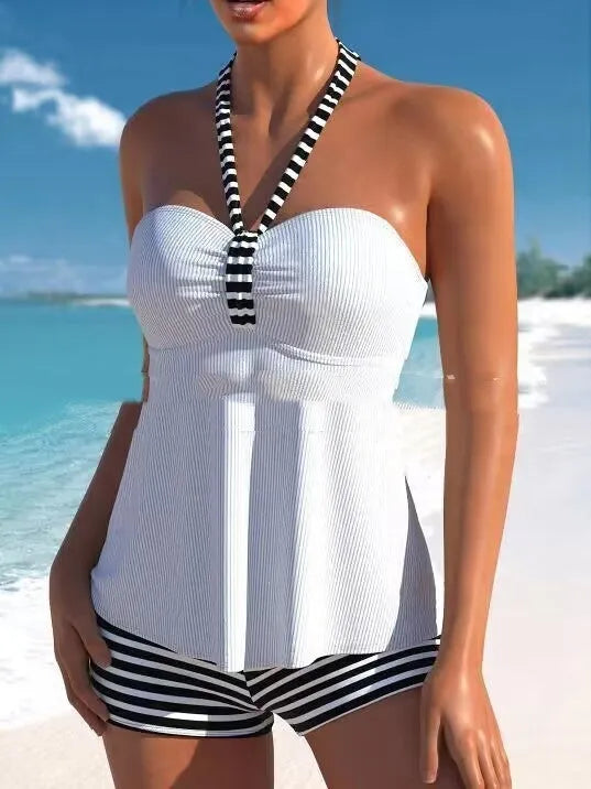Women's off-shoulder swimsuit in briefs style with green, lake blue, white and striped colour options