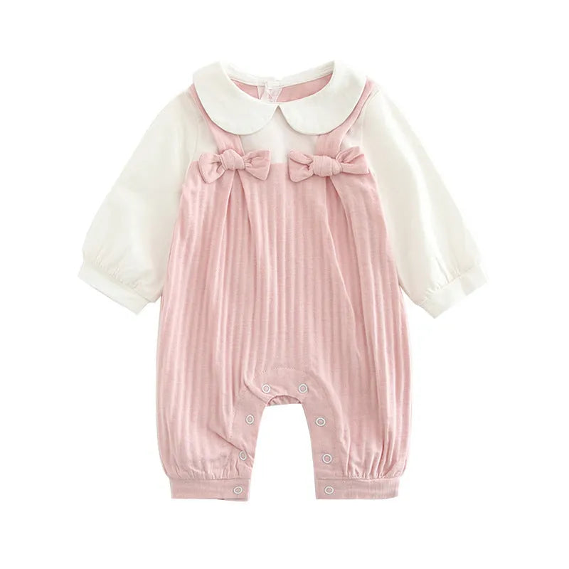 Pink long sleeve cotton jumpsuit for baby girl with single-breasted buttons