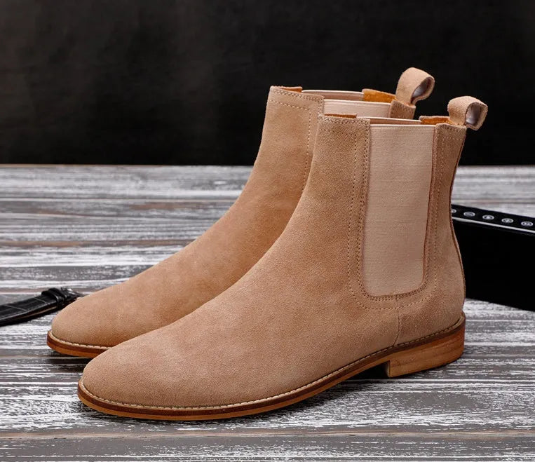 Men's genuine leather Chelsea boots in khaki with side zip closure and ankle height
