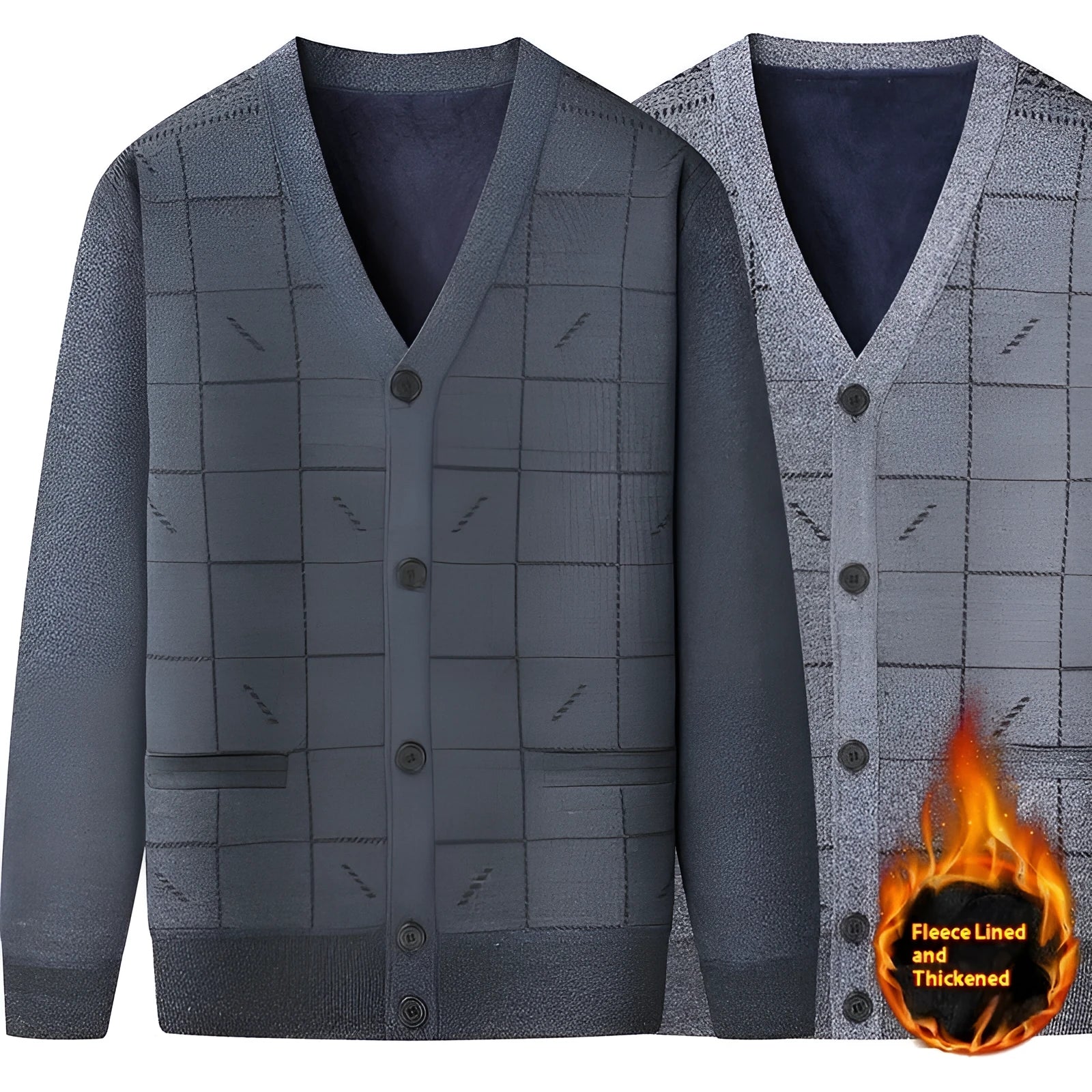 Men's grey wool-lined cardigan with batwing sleeves on a hanger