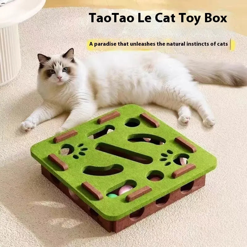 Handmade soft felt cat scratch toy box in green brown colour, measuring 30cm square.