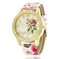 Diamond-inlaid gold case rose pattern fashion quartz watch with 38mm round dial and stainless steel buckle