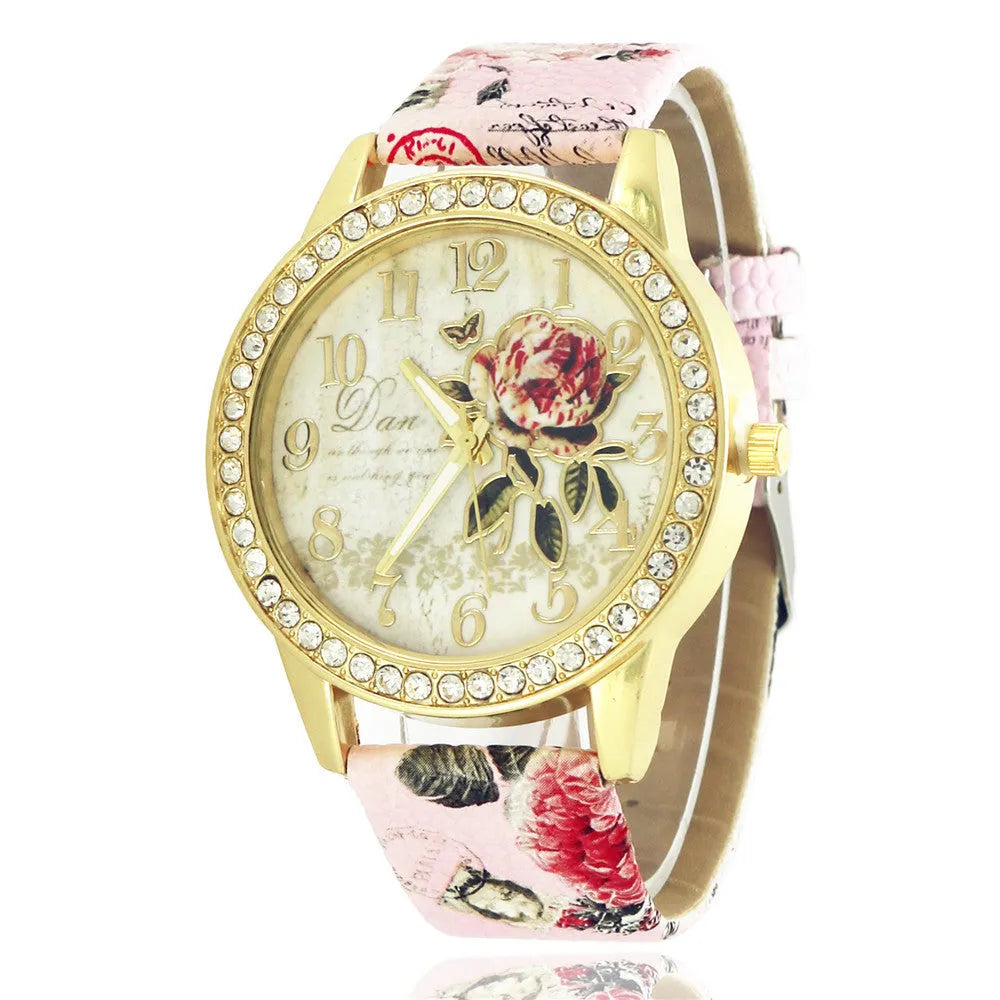 Diamond-inlaid gold case rose pattern fashion quartz watch with 38mm round dial and stainless steel buckle