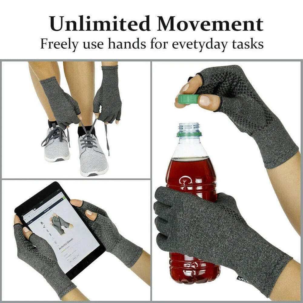 Grey half-finger compression gloves with silicone grip palm on hand, showing open fingertips.