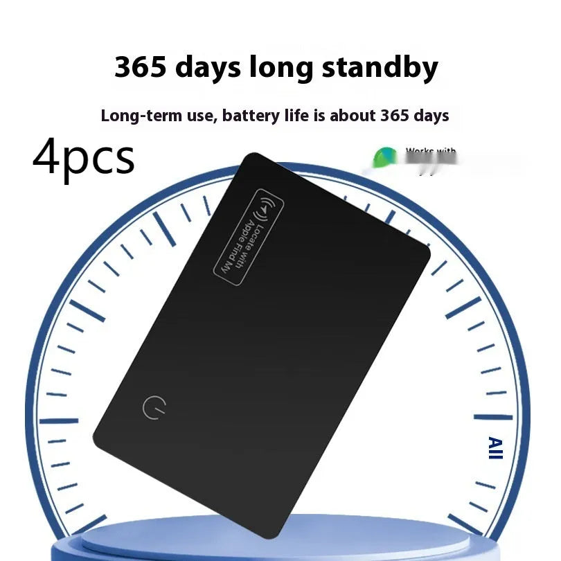 Black ultra-thin anti-loss card for Apple devices showing credit card dimensions and MFI certification