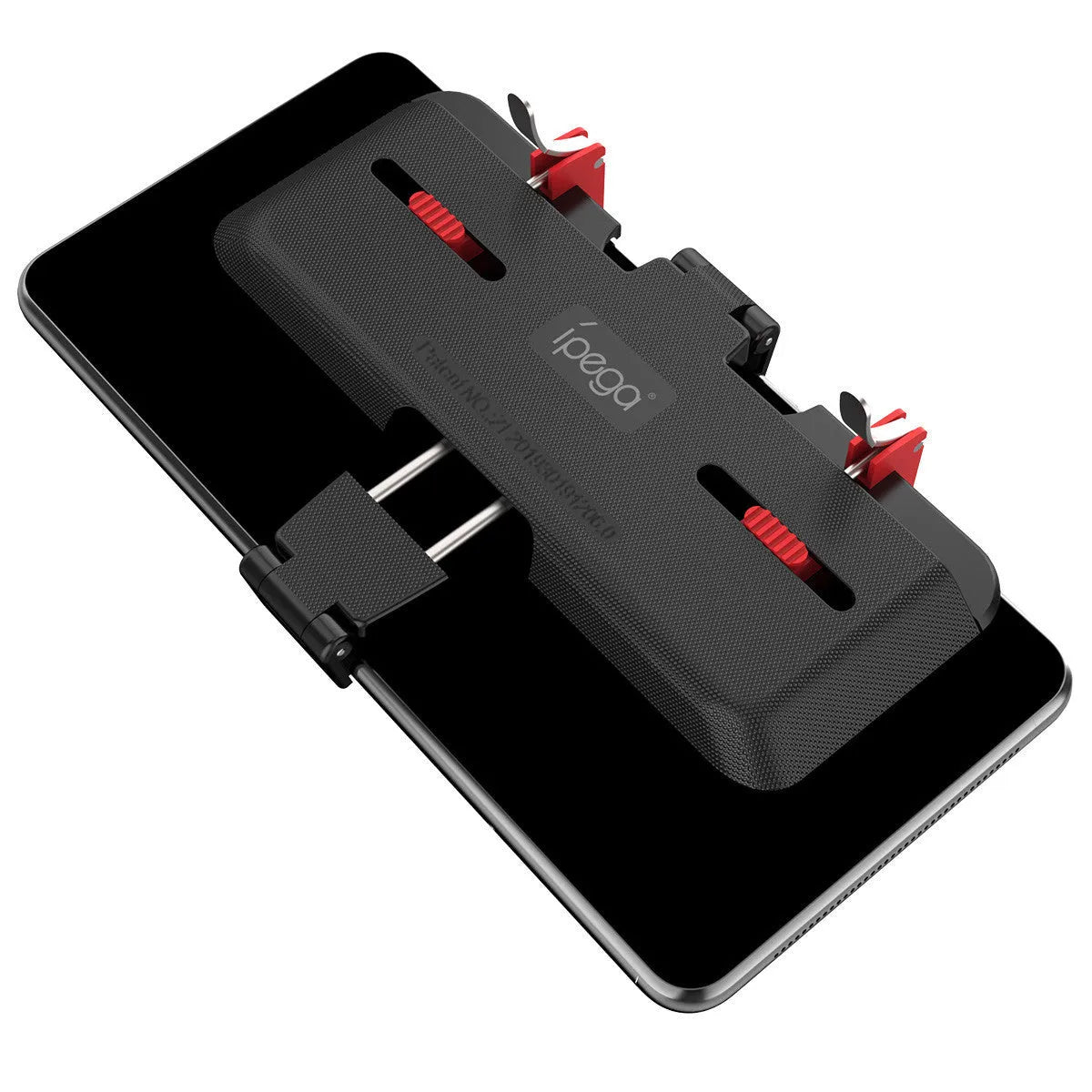 Black mobile gaming phone bracket with ergonomic handle and telescopic phone clip extended.