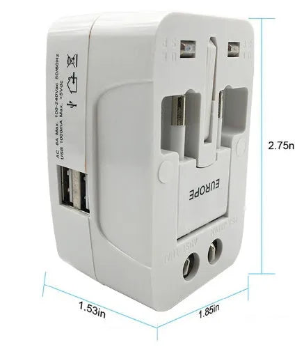 White universal travel plug socket converter for multi-country charging on a blue background.