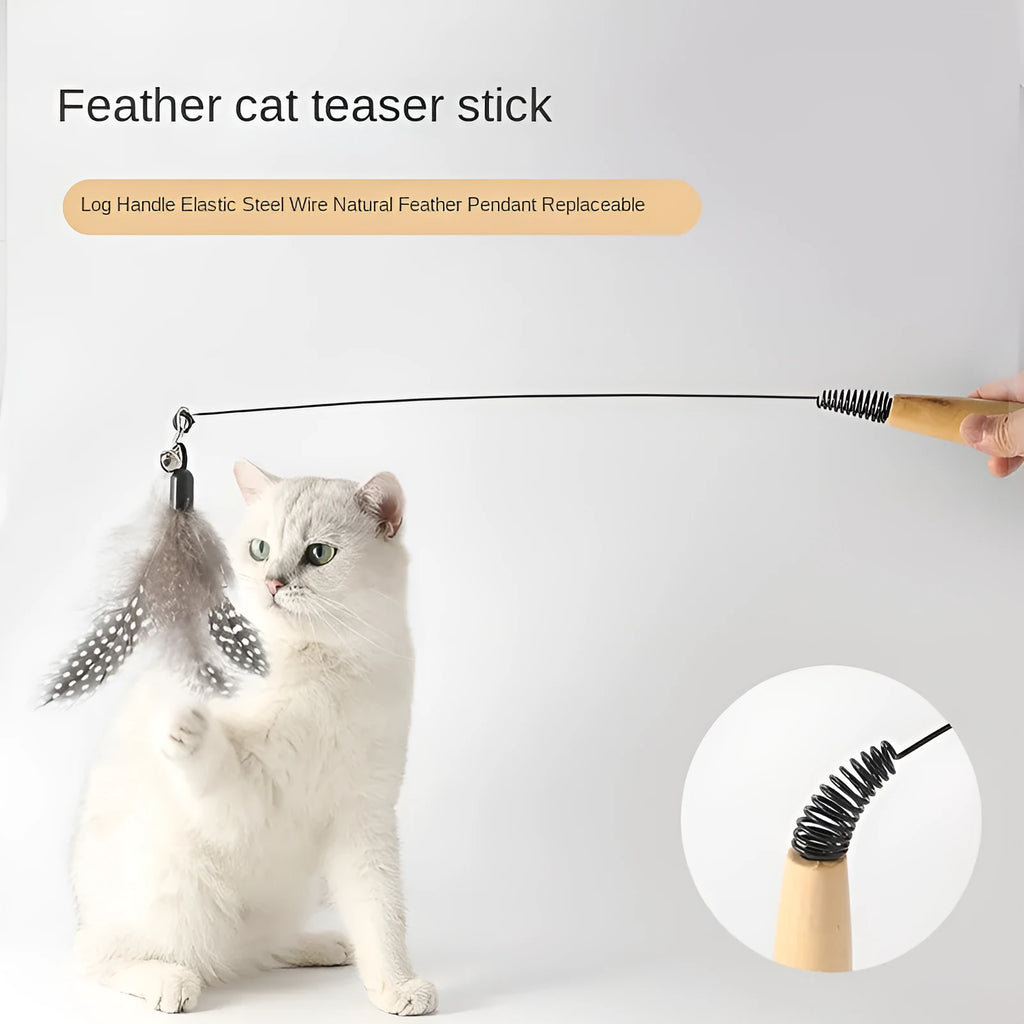 Wooden handle cat teasing stick with feather bell replacement head in choice of four colours