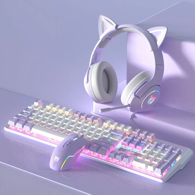 Purple and white mechanical keyboard and mouse combo with backlight illumination and headphones