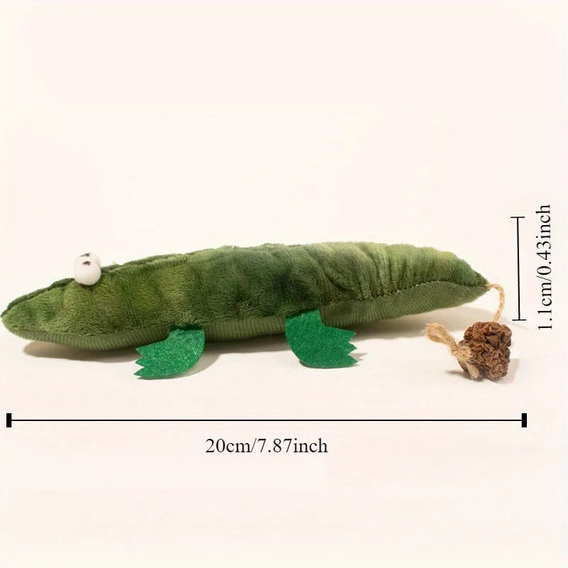 Green plush alligator cat toy with catnip and peppermint scent for oral cleansing and stress relief