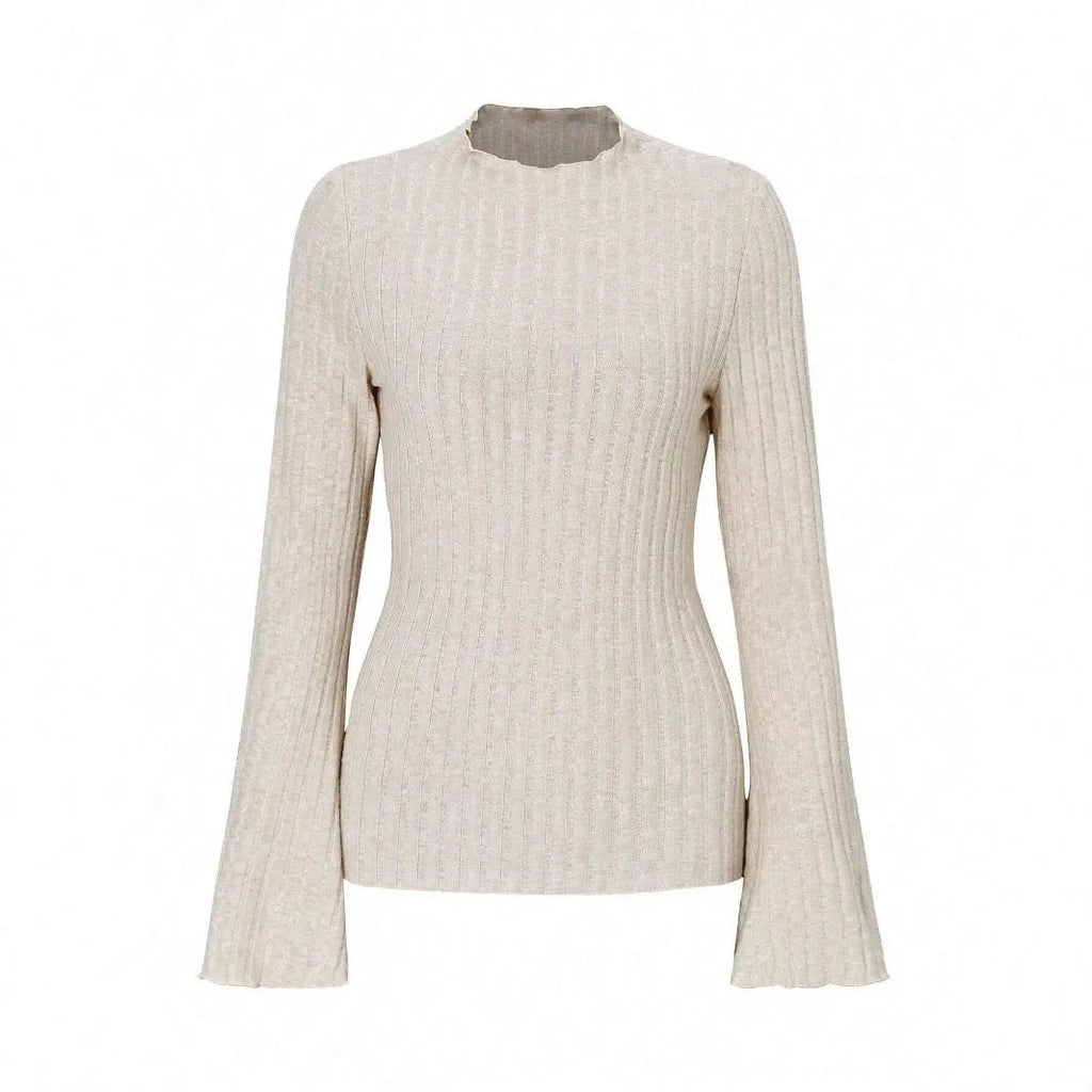 Slim-fit long-sleeve top in black with sunken stripe texture and lantern sleeves on a hanger.