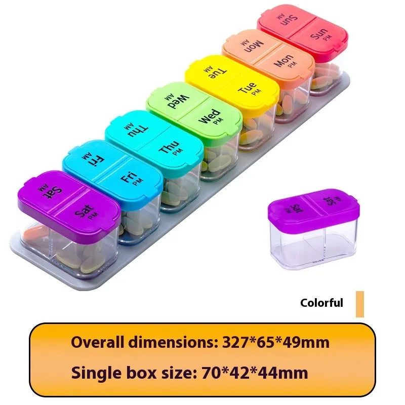 Extra large white and rainbow coloured plastic pill organiser box with 14 removable compartments.