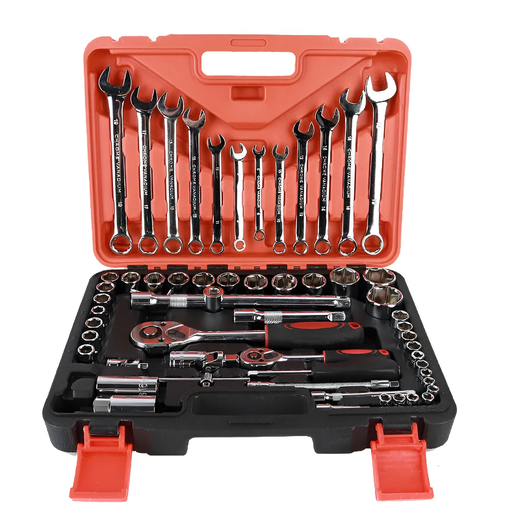 61-piece chrome vanadium steel socket and wrench set with ratchets and extensions laid out in its storage box.