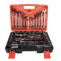 61-piece chrome vanadium steel socket and wrench set with ratchets and extensions laid out in its storage box.