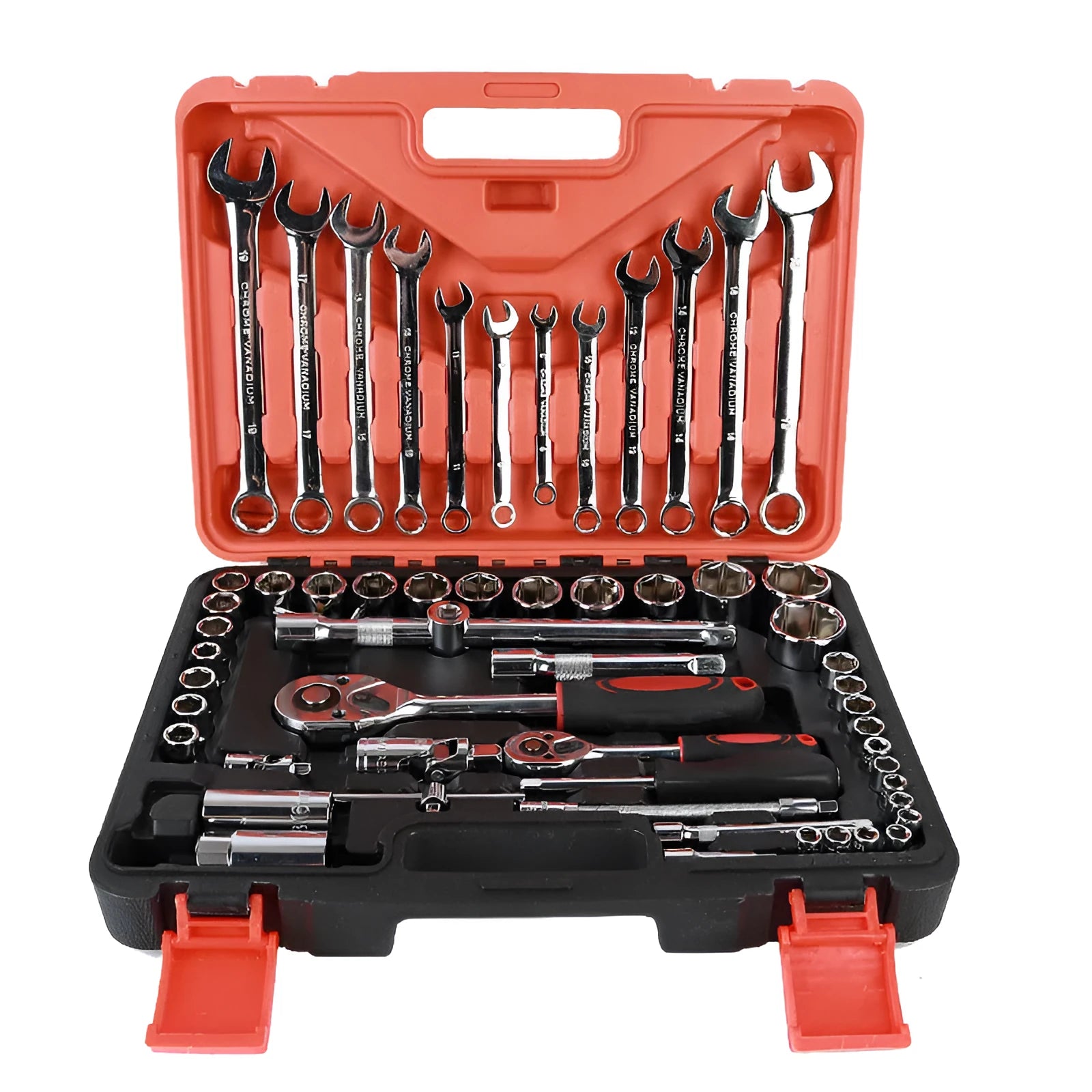 61-piece chrome vanadium steel socket and wrench set with ratchets and extensions laid out in its storage box.