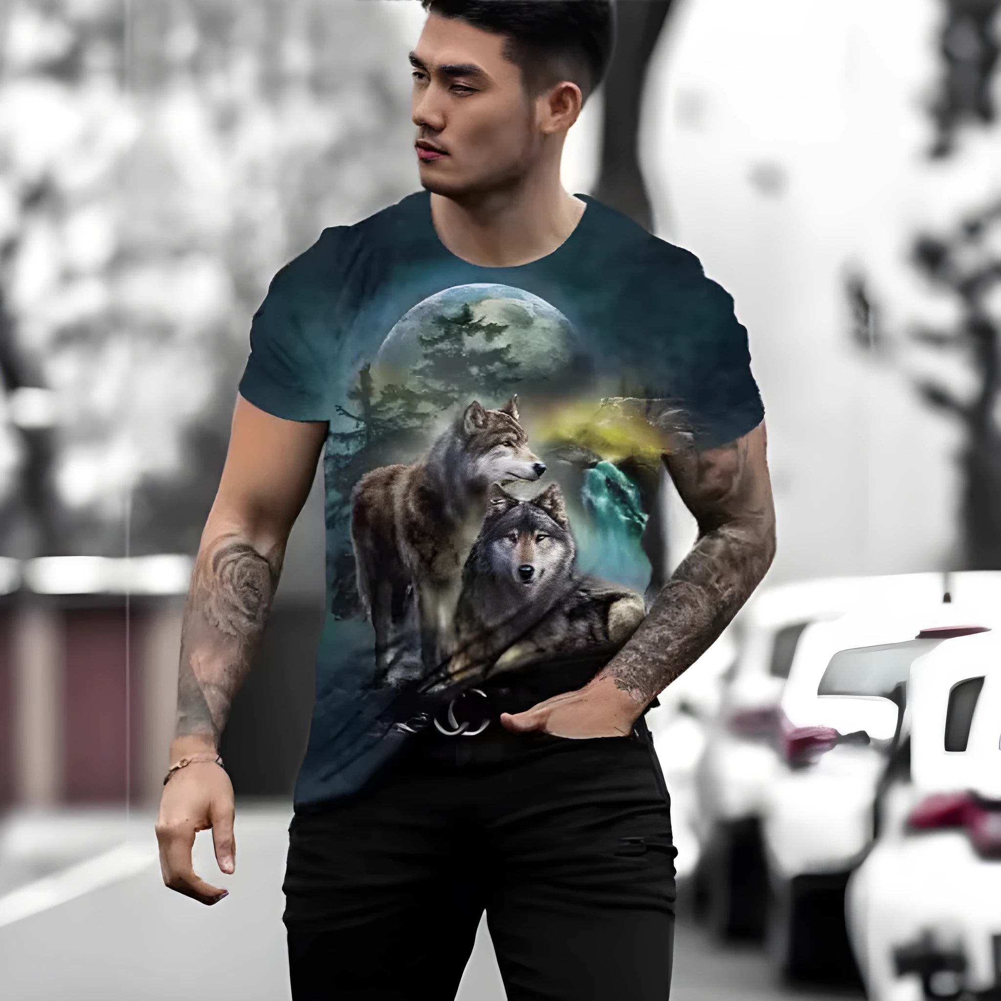 Men's grey t-shirt with a retro-style 3D lion graphic print on the front.