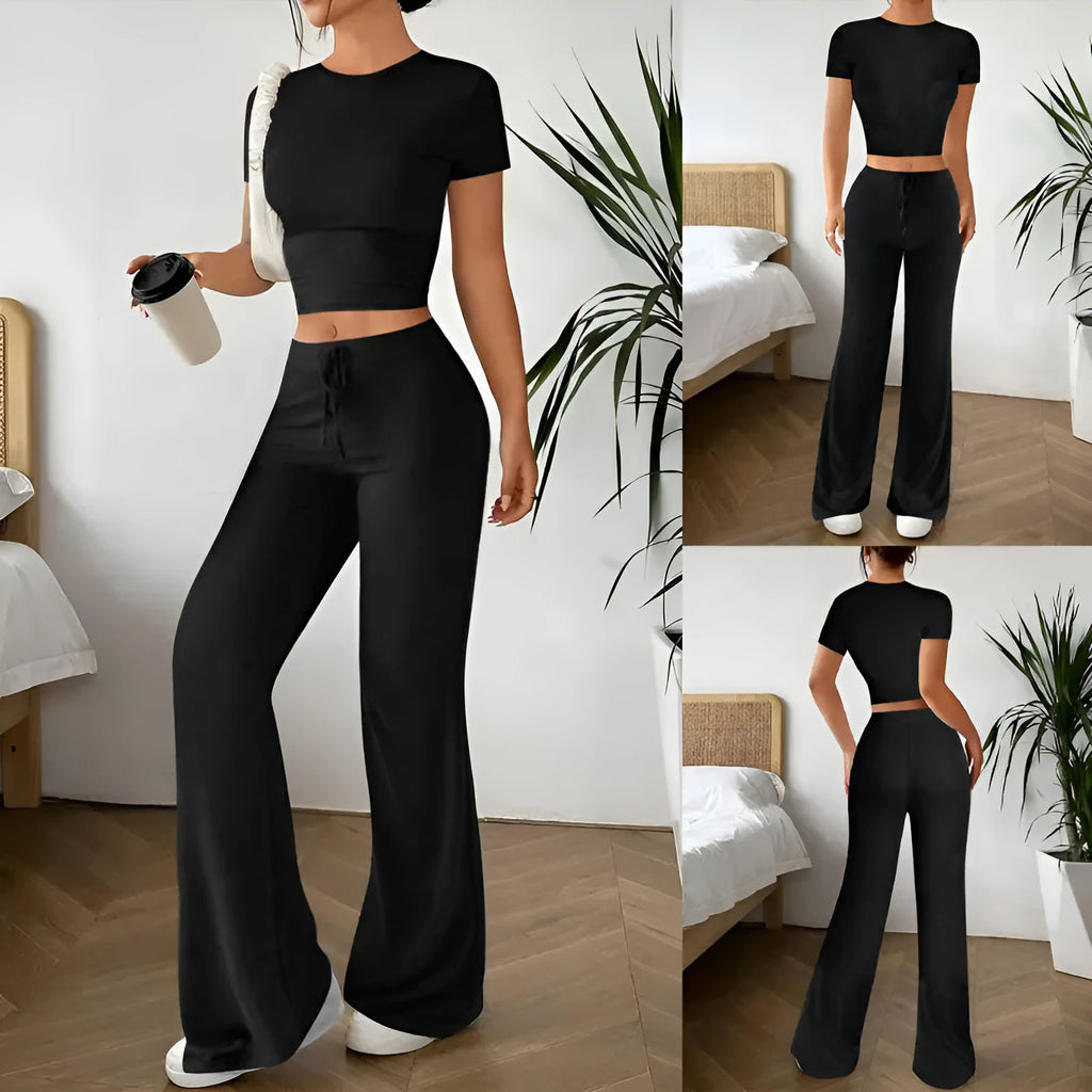 Black women's co-ord suit set with high-waist trousers and short-sleeve t-shirt