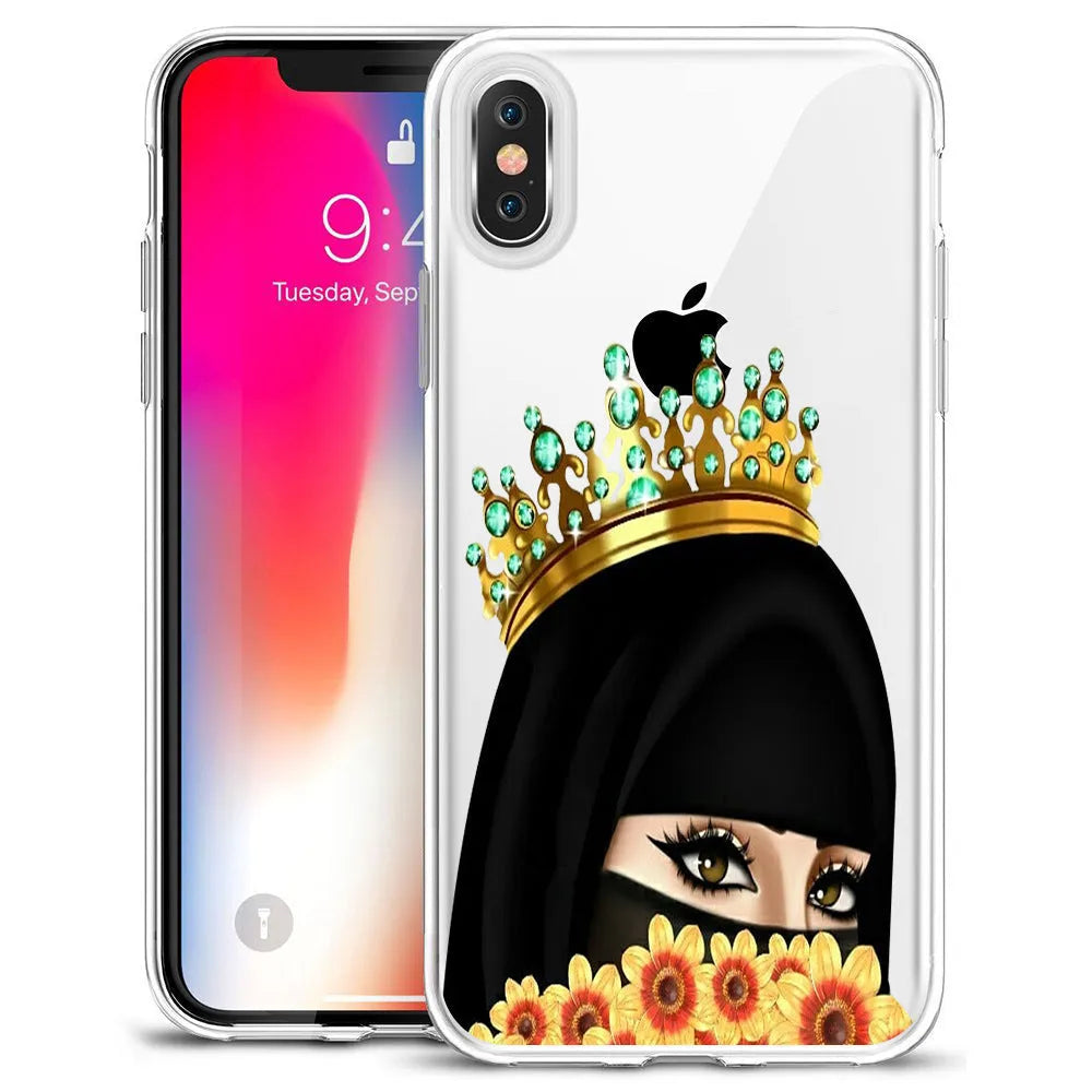 TPU back cover for iPhone with cartoon Muslim girl design on solid colour background
