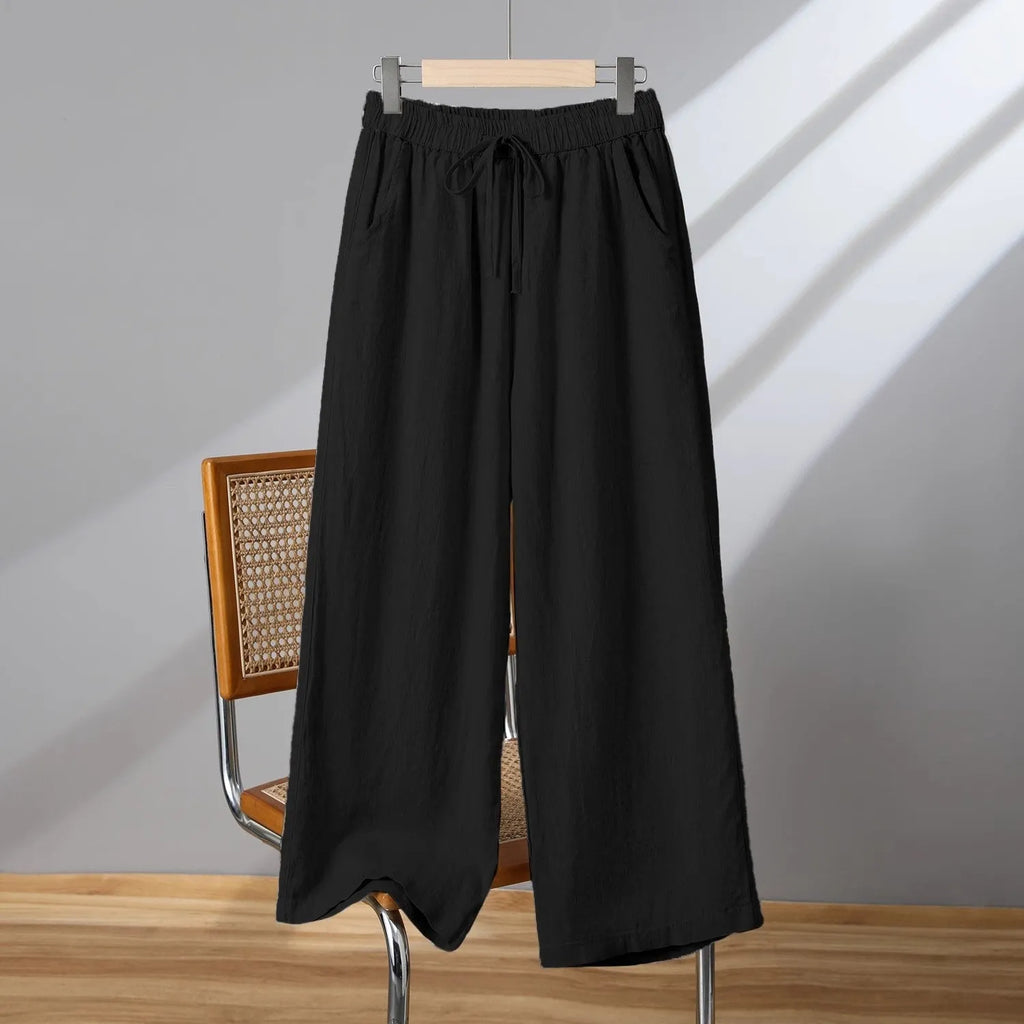 Women's straight-leg trousers with lace-up drawstring waist in apricot colour