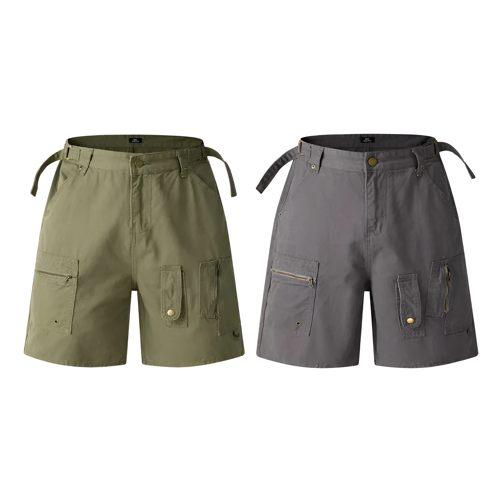 Retro loose-fit washed cotton shorts for men and women with zipper and half-elastic waistband.