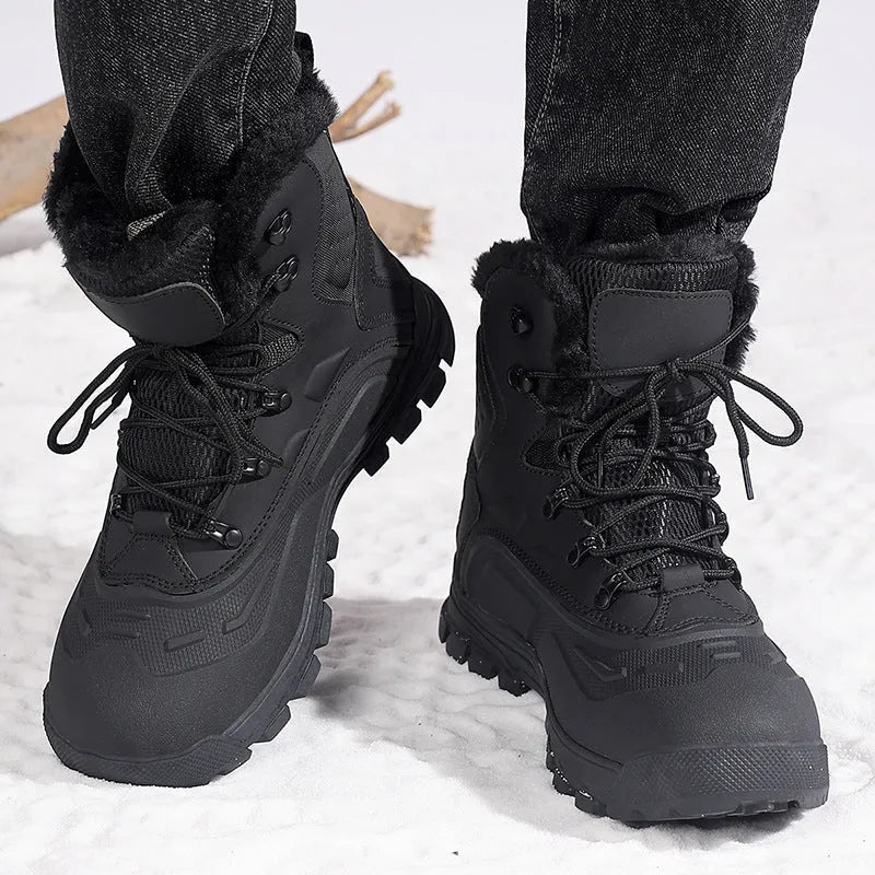 Men's black high-top boots with fleece lining, flat heel, and lace-up front on a ribbed TPR sole.