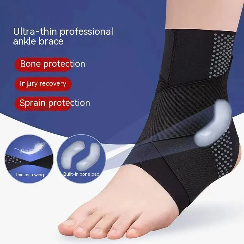 Black lycra cloth ankle support with anti-kick protection shown on adult ankle