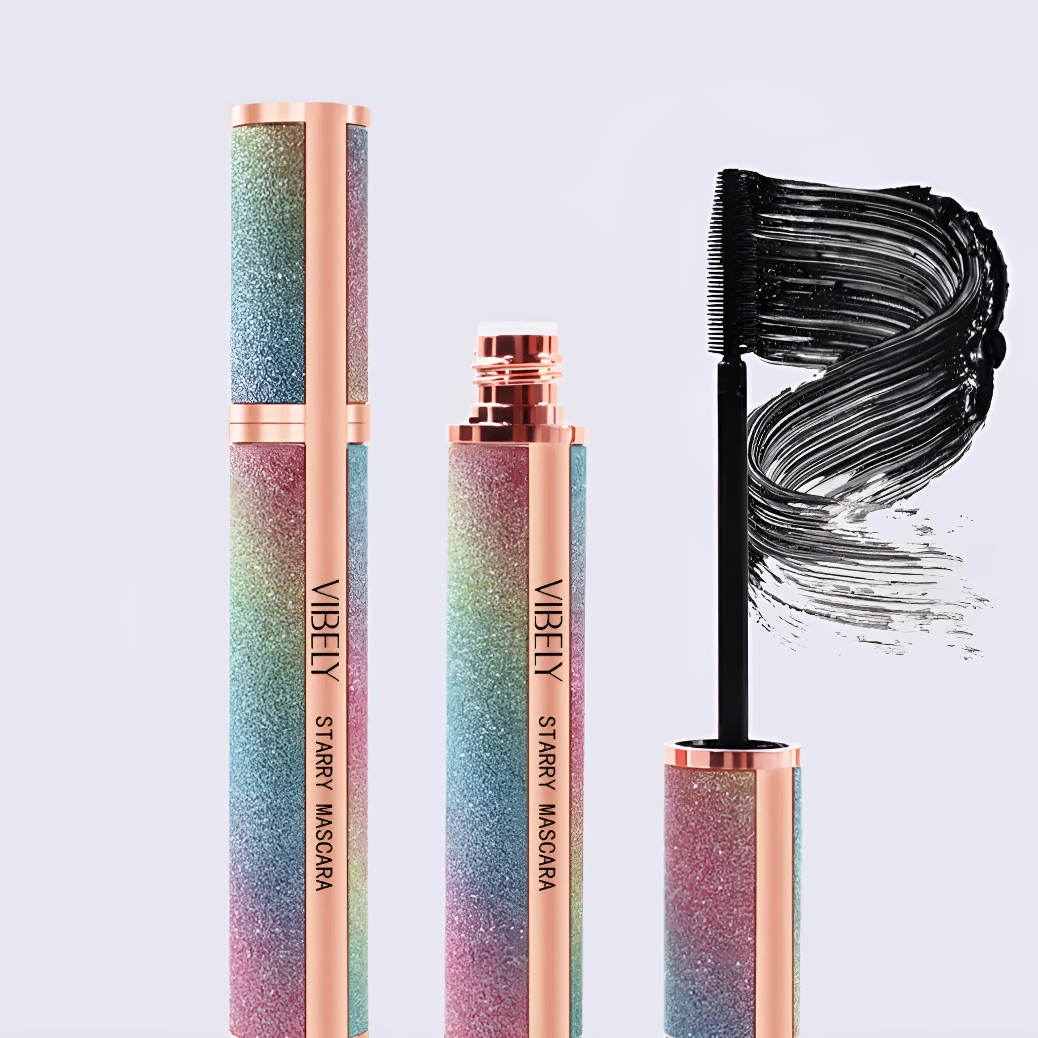 Black waterproof curling mascara tube with brush applicator in English packaging