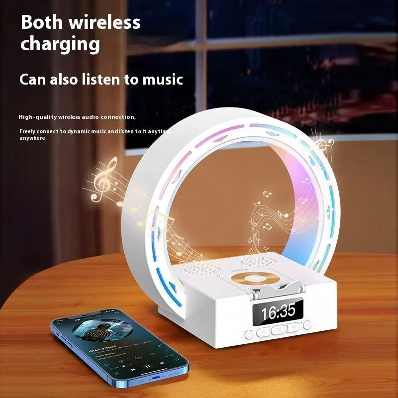 White multifunctional Bluetooth speaker bedside unit with digital clock display and wireless charging phone on top.