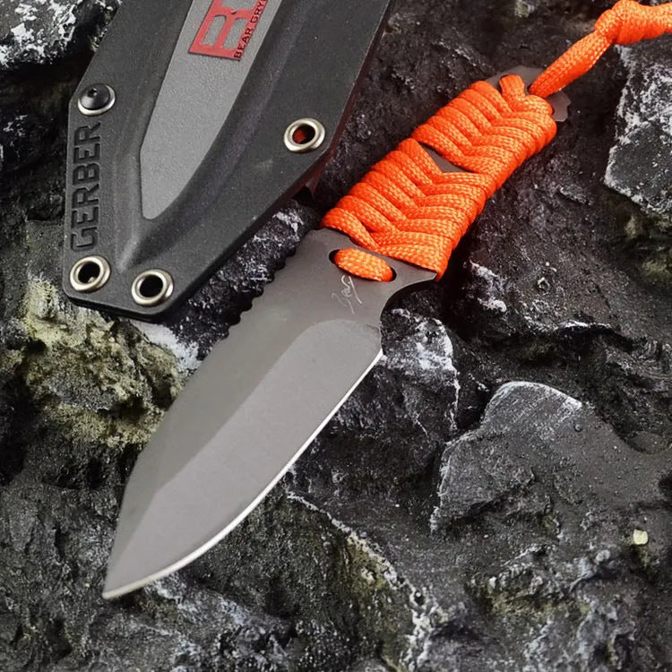 Outdoor straight survival knife with rope-wrapped handle and black ABS plastic sheath