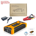 Yellow 6000mAh car emergency jump starter power supply with battery clamp and USB cable on white background