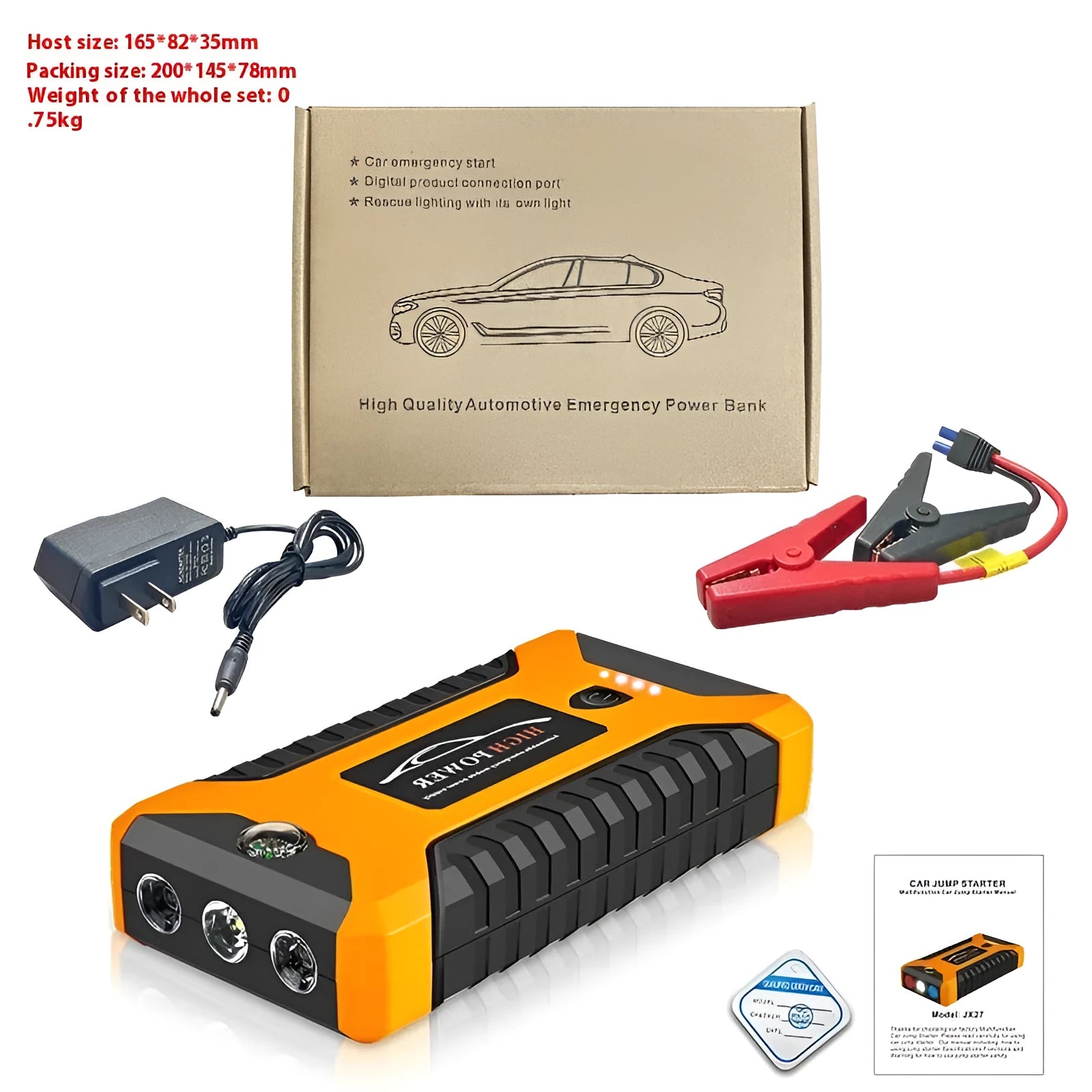 Yellow 6000mAh car emergency jump starter power supply with battery clamp and USB cable on white background