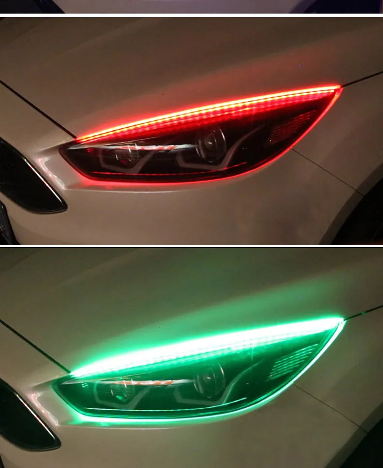Universal LED daytime running light with remote control in RGB colours, shown in 30cm, 45cm, and 60cm sizes.