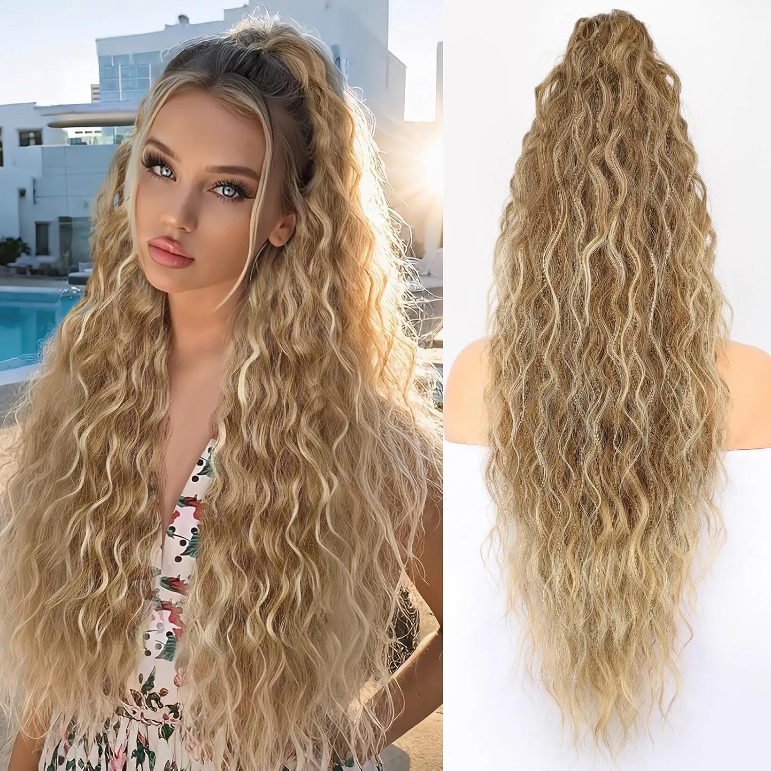 Long curly synthetic ponytail wig in high temperature fibre, 30 inches in length.