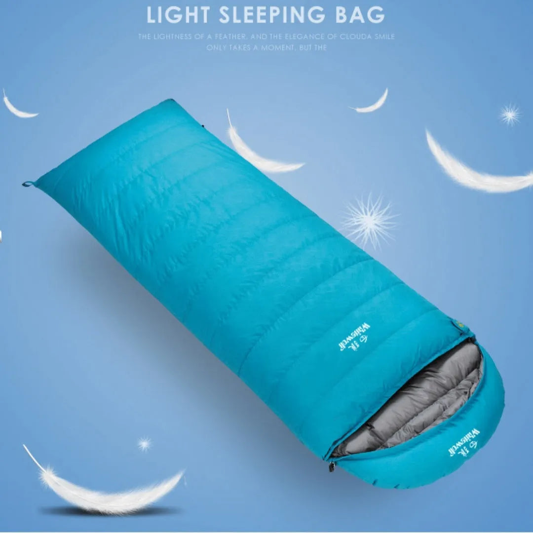 Black outdoor sleeping bag with envelope structure and white goose down filling.