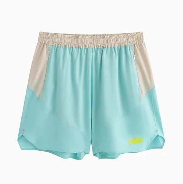 Men's loose grey Hipp workout lifting shorts with elastic lace-up fly on a plain background.