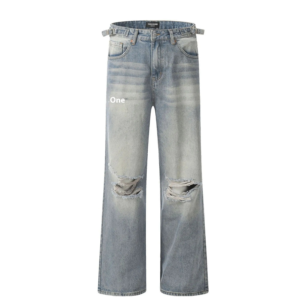 Blue straight-leg jeans with ripped detailing on cotton blend fabric