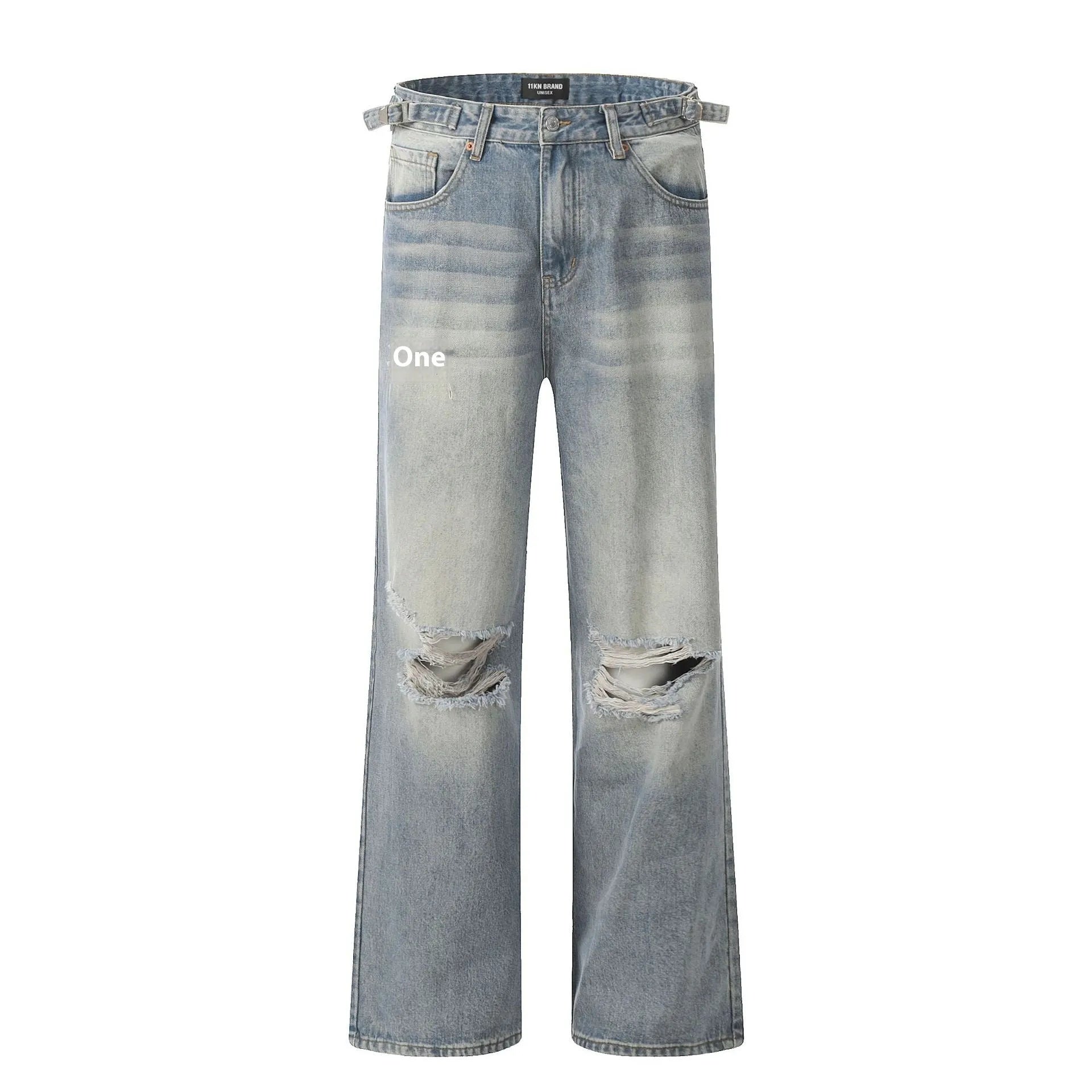 Blue straight-leg jeans with ripped detailing on cotton blend fabric