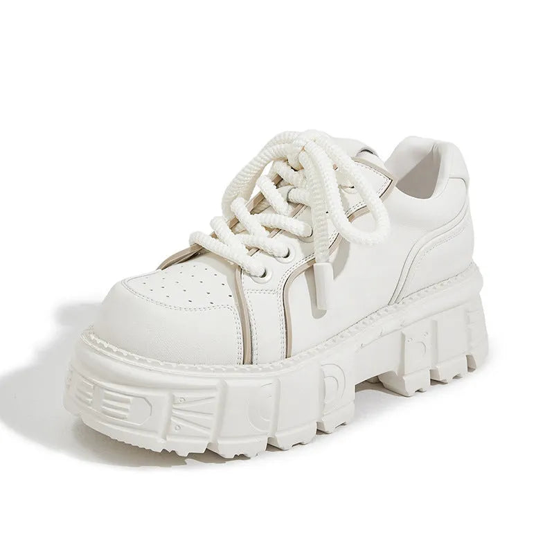 Beige and pink leather casual shoes with spring muffin bottom design and rubber foam soles