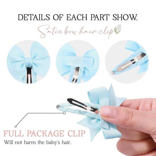 40 colourful grosgrain ribbon baby hair bows with soft wrapped snap clips.