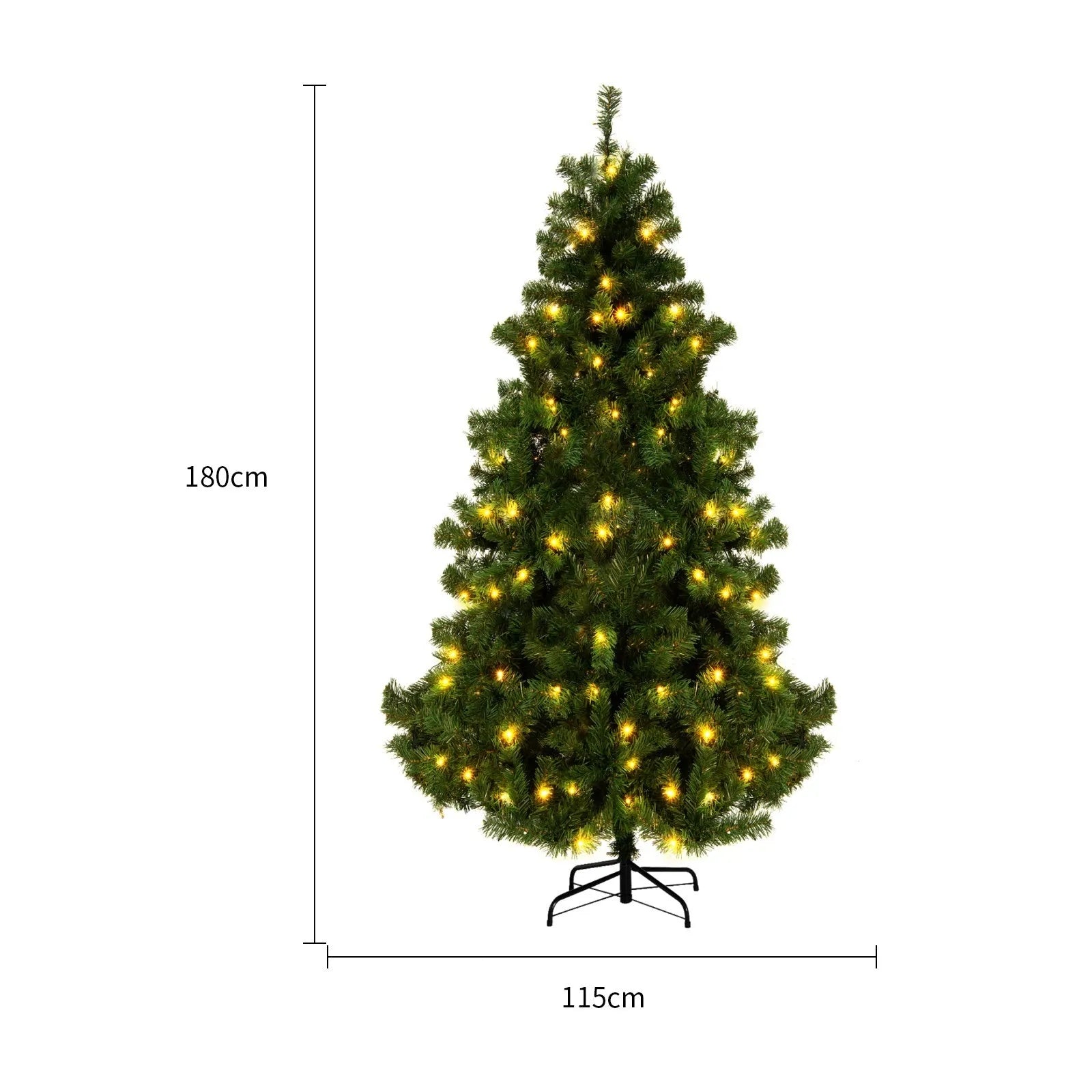 Artificial green and white snow-effect PVC Christmas tree with metal stand.