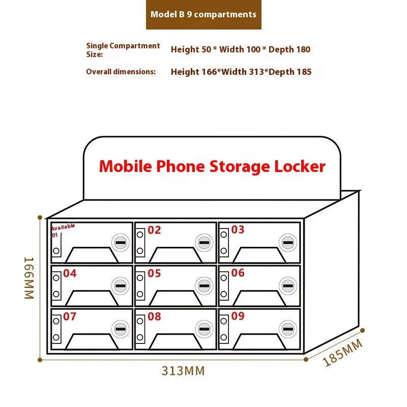 Clear acrylic mobile phone storage cabinet with charging holes, multiple compartments for office desk organisation