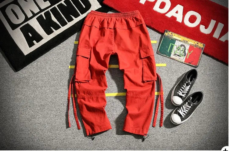 RIBBON Cargo Pants for men cotton blend multi-pocket drawstring waist loose fit in black gray red sizes M to 5XL