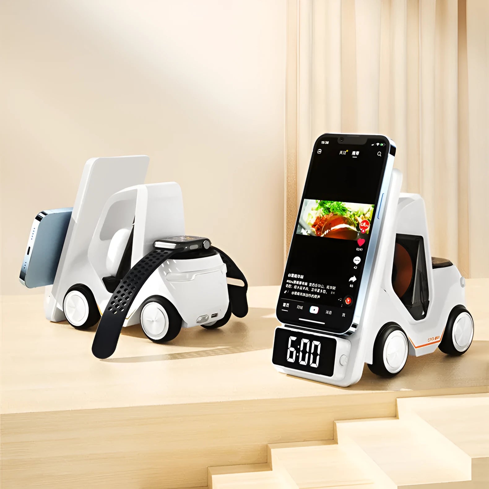 A grey, white, yellow, or orange 15W wireless charging bracket supporting three devices.