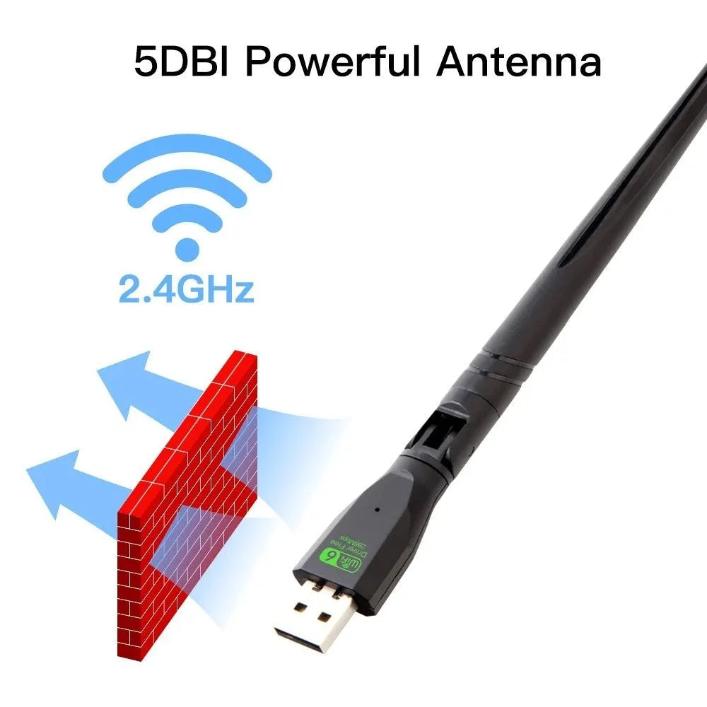 Black USB WiFi6 wireless network card with approximately 11cm length for desktop computer connectivity