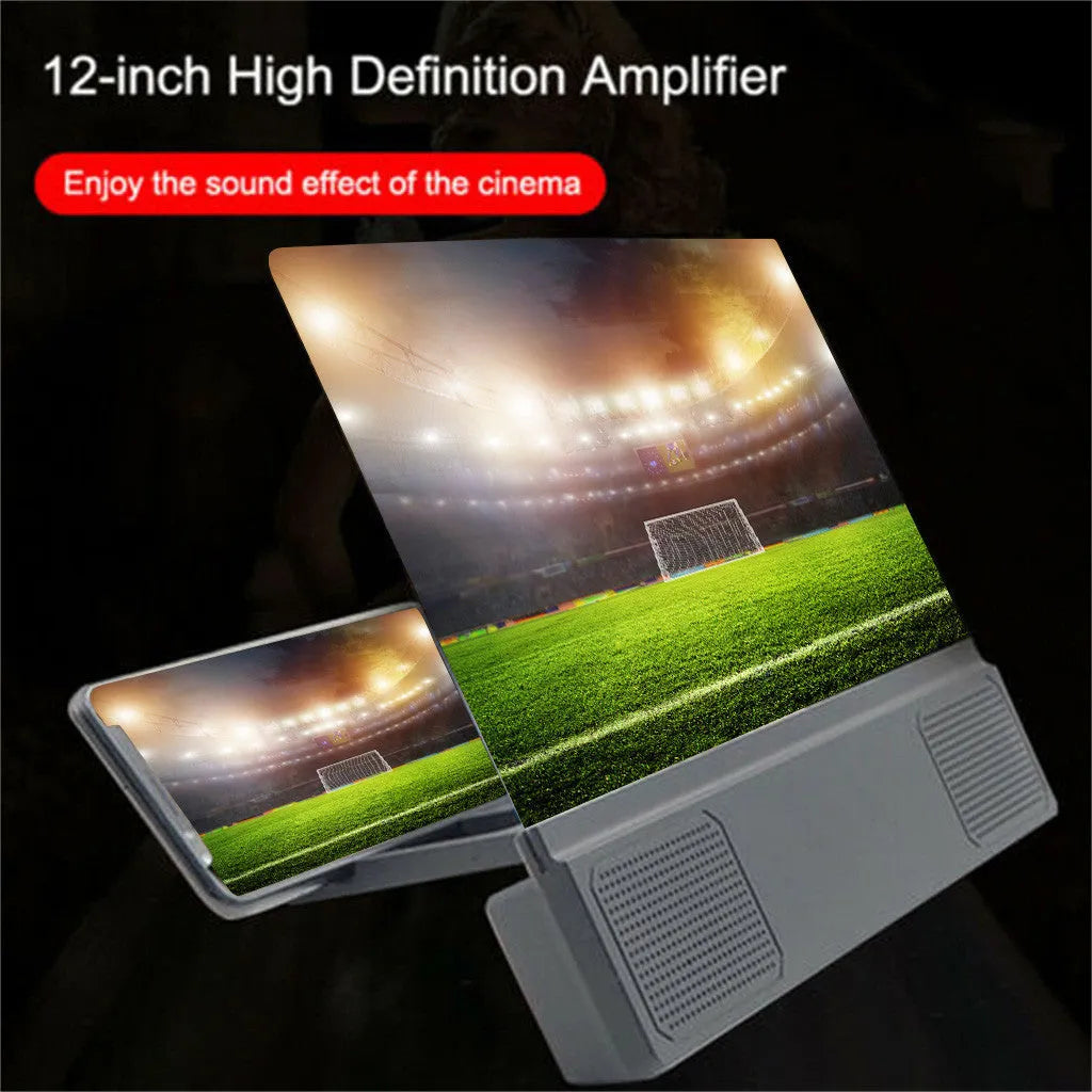 12-inch mobile phone screen amplifier with built-in speakers showing foldable design and adjustable gooseneck mount