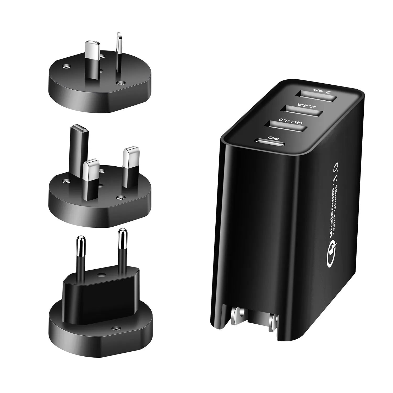 Black and white 48W four-port USB-C mobile phone wall charger with LED light.