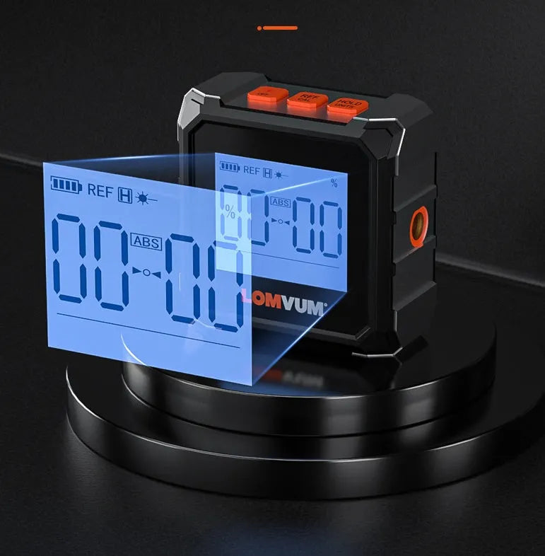 Laser infrared digital inclinometer tape measure with alloy casing and magnetic sides.