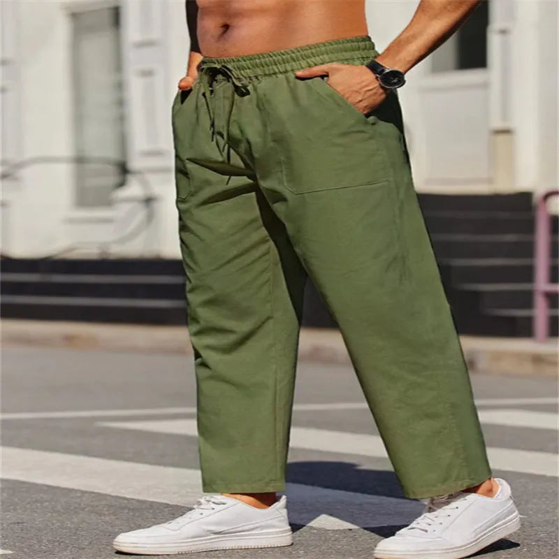 Men's straight-leg linen trousers with elastic waistband in seven colour options