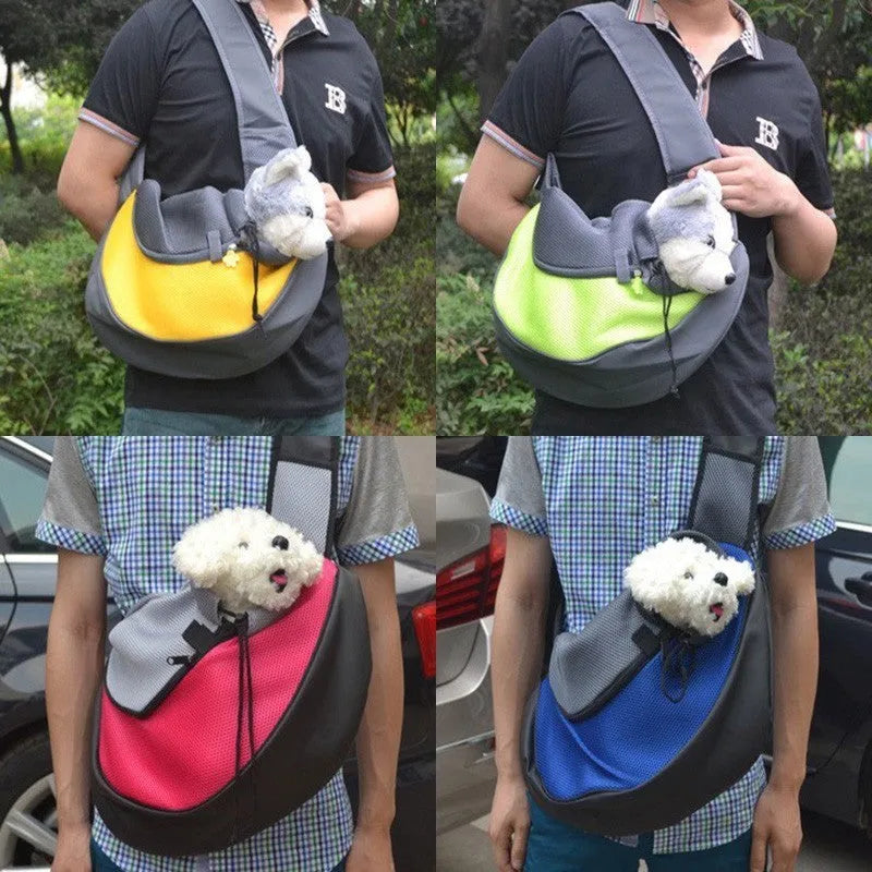 Polyester pet backpack carrier for a small dog, showing clear PVC front panel and adjustable shoulder straps.